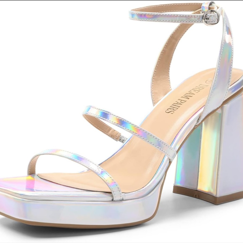 DREAM PAIRS Women's Platform Strappy OpenToe Heels Y2K Metallic Silver 8.5